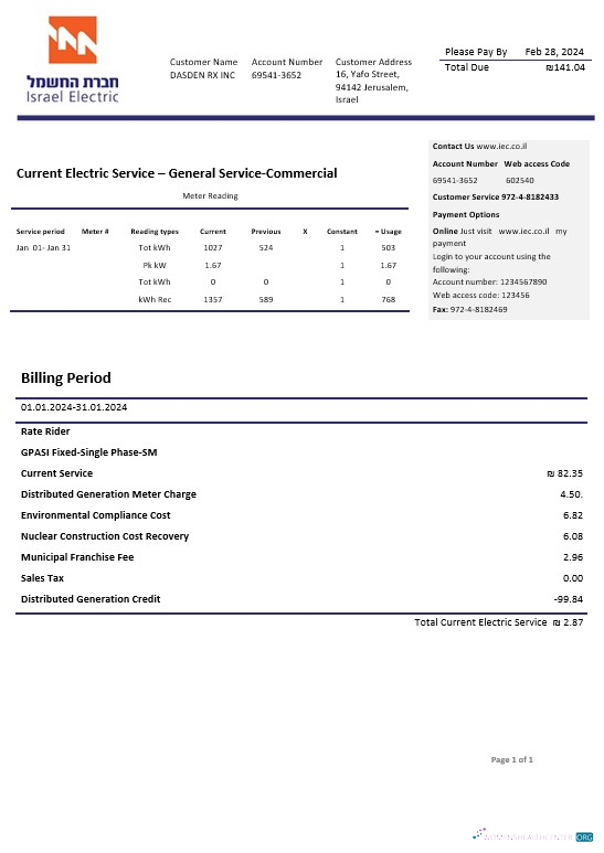 Israel Electric Corporation business utility bill template in Word and PDF formats